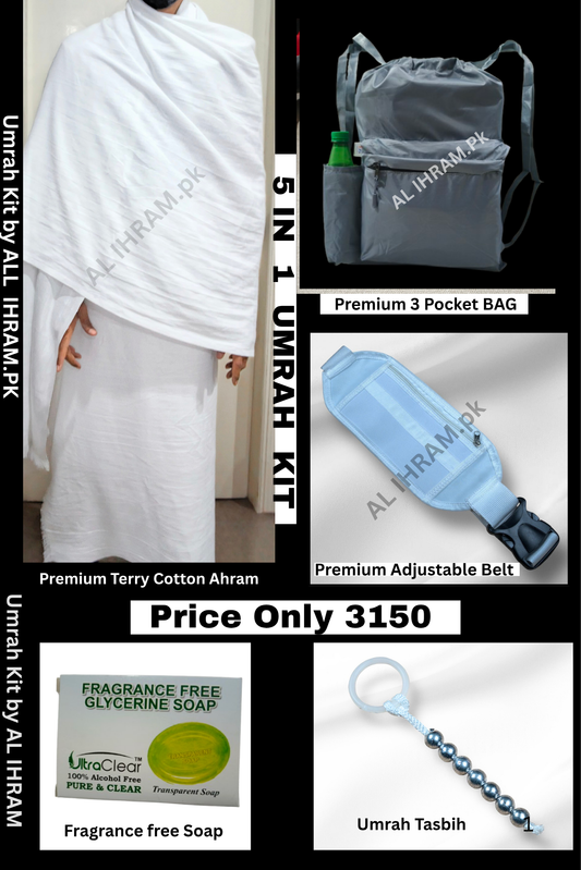 5 in 1 Hajj and Umrah Kit Premium - Terry Cotton Ihram - Bag - Belt - Soap- Tasbeh