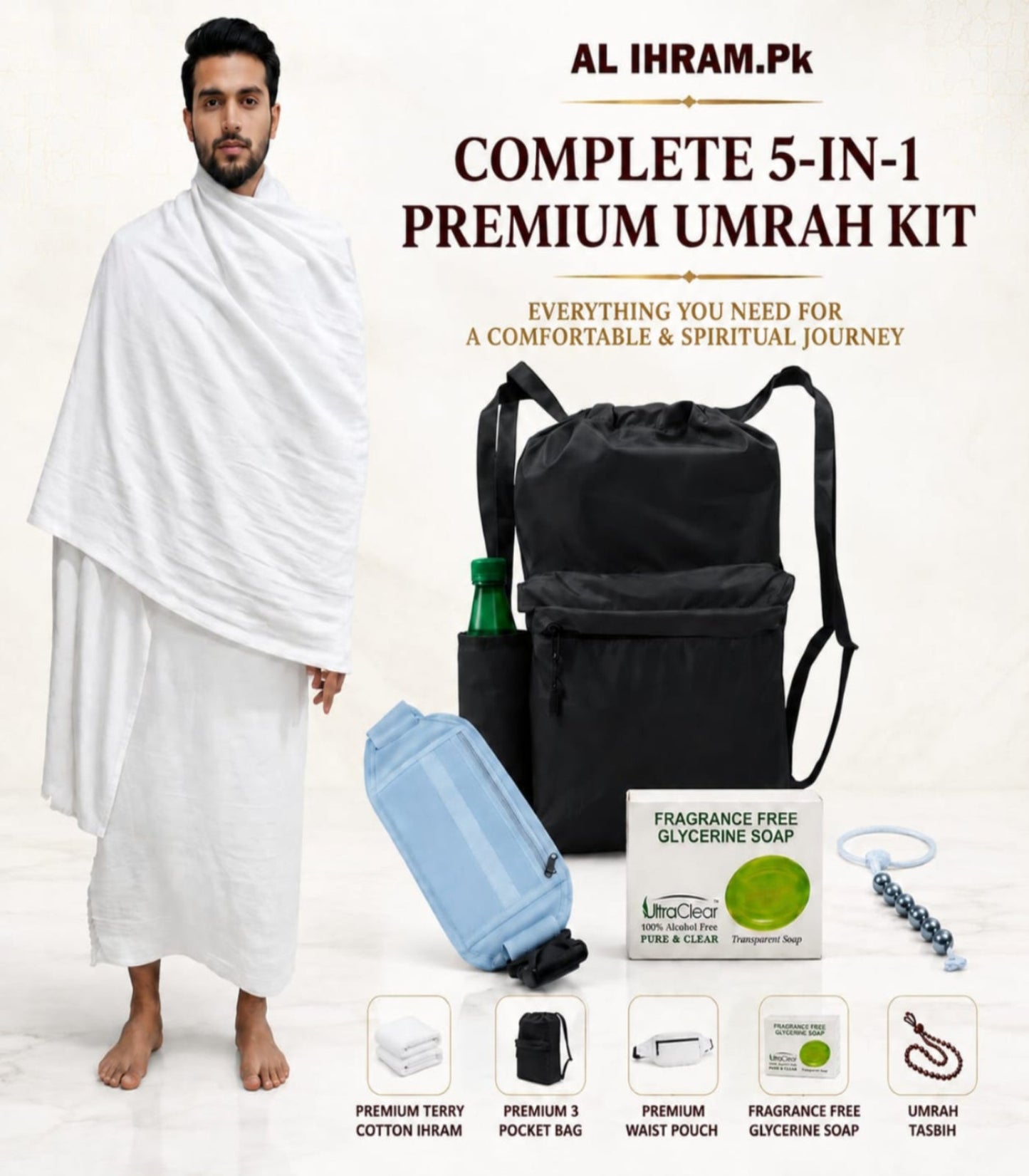 5 in 1 Hajj and Umrah Kit Premium - Terry Cotton Ihram - Bag - Belt - Soap- Tasbeh