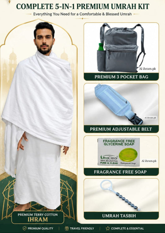5 in 1 Hajj and Umrah Kit Premium - Terry Cotton Ihram - Bag - Belt - Soap- Tasbeh
