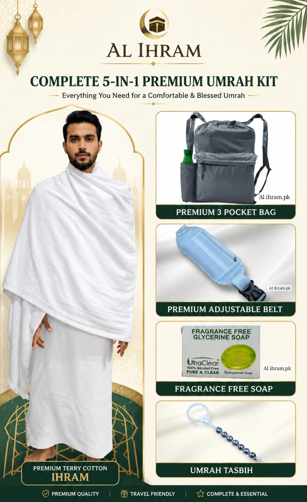 5 in 1 Hajj and Umrah Kit Premium - Terry Cotton Ihram - Bag - Belt - Soap- Tasbeh
